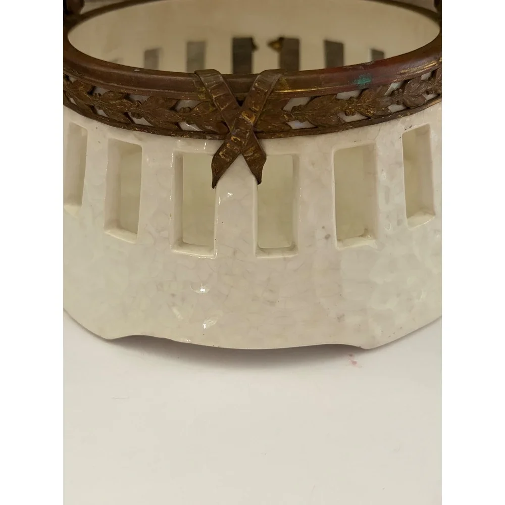 Antique Ceramic Creamware Basket Ornate Brass Handle Ribbon Leaf Trim Cream